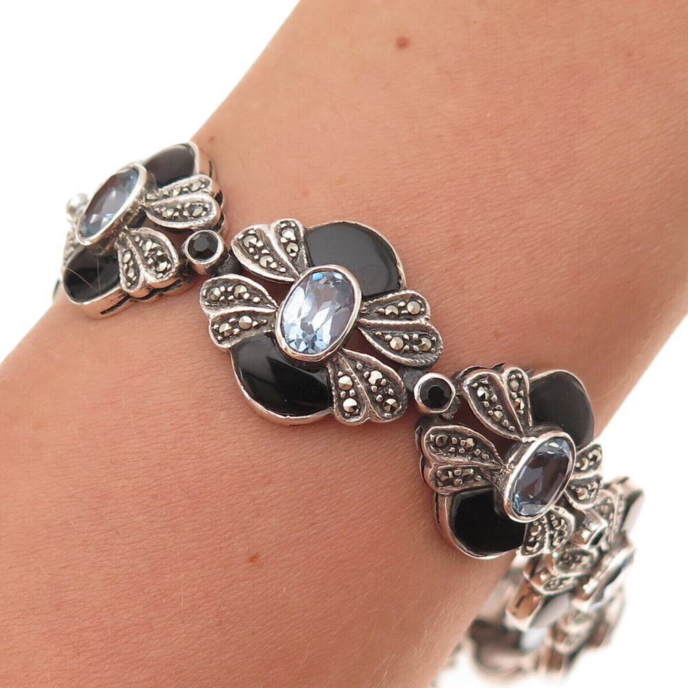 925 Sterling Vintage Real Blue Topaz Marcasite Black Onyx & Spinel Bracelet 6.5"